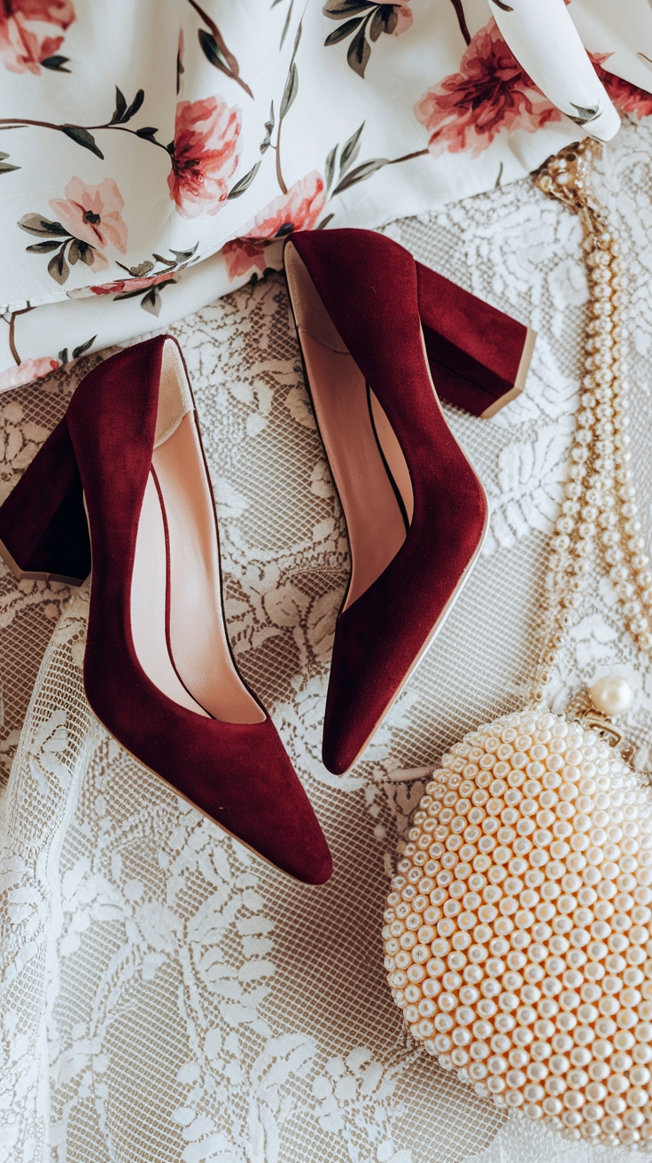 wine red shoes outfit idea