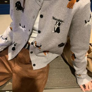 2024 American Vintage Dog Embroidery Knitted Cardigan Sweater for Women, Slimming Autumn Short Jacket, Cozy Y2K Style