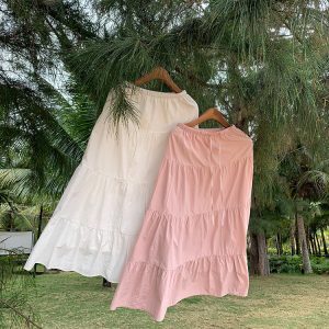 2024 American Vintage Gentle Style Lace Spliced Pink A-Line Midi Skirt for Women - High Waist Slim Fit