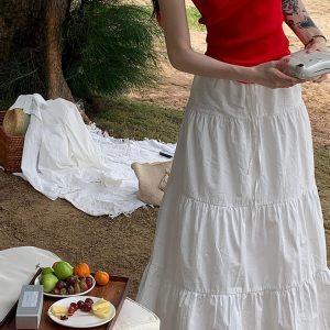 2024 American Vintage Gentle Style Lace Spliced Pink A-Line Midi Skirt for Women - High Waist Slim Fit