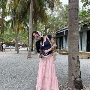 2024 American Vintage Gentle Style Lace Spliced Pink A-Line Midi Skirt for Women - High Waist Slim Fit