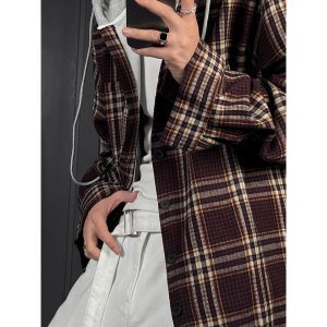 2024 Retro Loose Plaid Hooded Casual Shirt Jacket - Versatile Niche Fashion for 90s and Y2K Inspired Styles