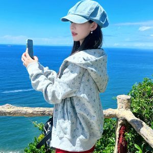 2024 Spring Autumn American Vintage Floral Hooded Zipper Cardigan Sweatshirt for Women - Loose Casual Jacket