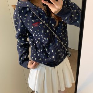 2024 Spring Autumn American Vintage Floral Hooded Zipper Cardigan Sweatshirt for Women - Loose Casual Jacket