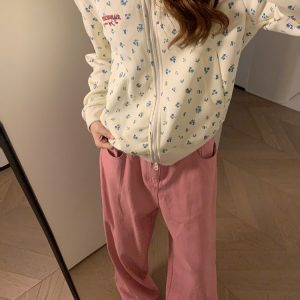 2024 Spring Autumn American Vintage Floral Hooded Zipper Cardigan Sweatshirt for Women - Loose Casual Jacket