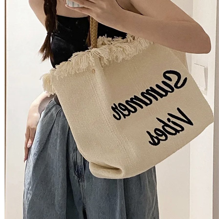2024 Summer Tassel Woven Canvas Tote Bag, Embroidered Letters, Large Capacity Shoulder Bag for Women, Stylish Everyday Accessory