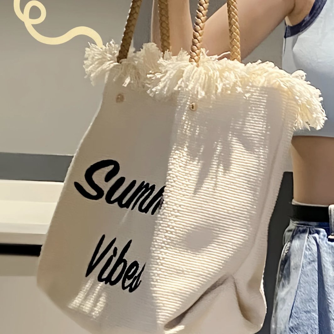 2024 Summer Tassel Woven Canvas Tote Bag, Embroidered Letters, Large Capacity Shoulder Bag for Women, Stylish Everyday Accessory