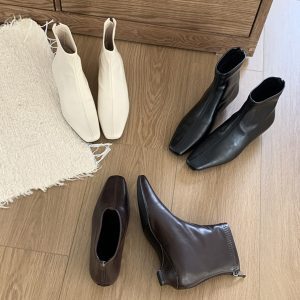 2024 Trendy White Short Boots for Women, Minimalist Fashion, Small Square Toe, High-End Commuting Style
