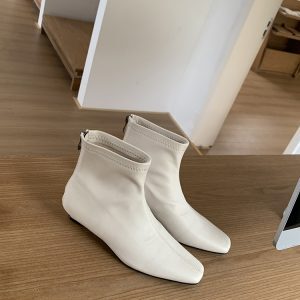 2024 Trendy White Short Boots for Women, Minimalist Fashion, Small Square Toe, High-End Commuting Style