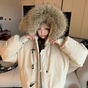 2024 Winter American Flight Jacket with Horn Buckles, Fur-Lined Hooded Cotton Coat, Loose Unisex Parka for Casual Style