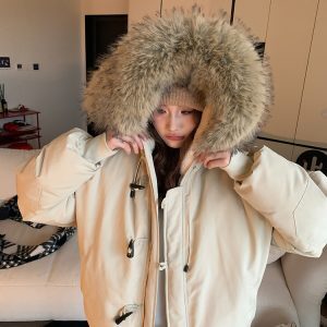 2024 Winter American Flight Jacket with Horn Buckles, Fur-Lined Hooded Cotton Coat, Loose Unisex Parka for Casual Style