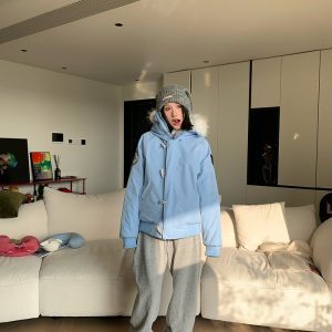 2024 Winter American Flight Jacket with Horn Buckles, Fur-Lined Hooded Cotton Coat, Loose Unisex Parka for Casual Style
