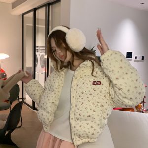 2024 Winter American Sweet Floral Cotton Jacket for Women - Short Thick Coat for Petite, Autumn and Winter Outerwear