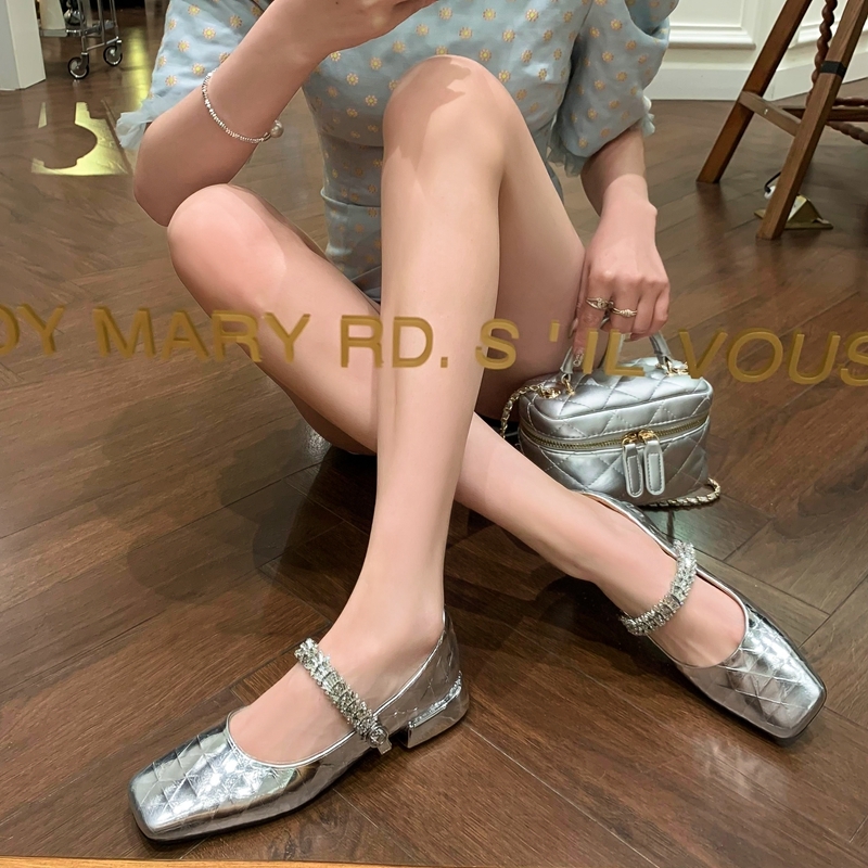 2024 Women's Silver French Mary Jane Shoes - Genuine Leather, Square Toe, Low Heel, Diamond Candy Paper Design, Spring Style