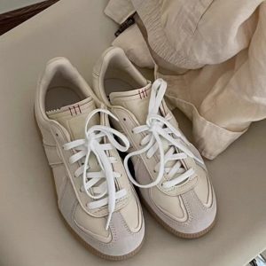 2025 Color-Blocking Lace-Up Cowhide Training Shoes - Versatile Round Toe Splicing Casual Sneakers