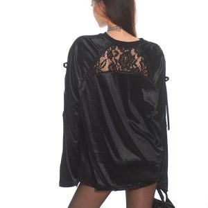 2025 Early Spring Jersey Aesthetic Hot Girl Lace Splicing Glossy Silver T-Shirt - Trendy 90s Inspired Fashion Top