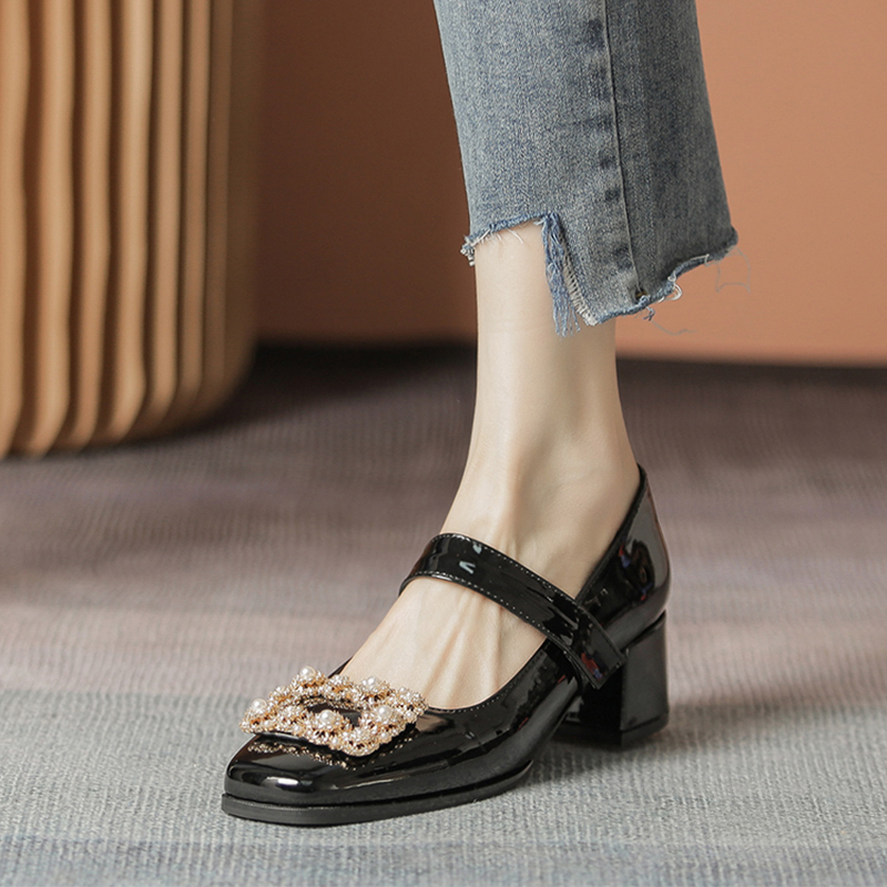 2025 Elegant Pearl Square Buckle Mary Jane Shoes for Women, Chunky Mid-Heel Rhinestone Flats, Fairy Style