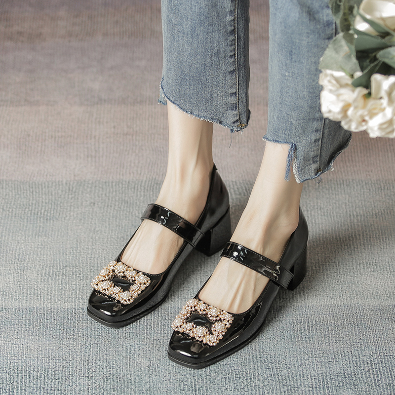 2025 Elegant Pearl Square Buckle Mary Jane Shoes for Women, Chunky Mid-Heel Rhinestone Flats, Fairy Style