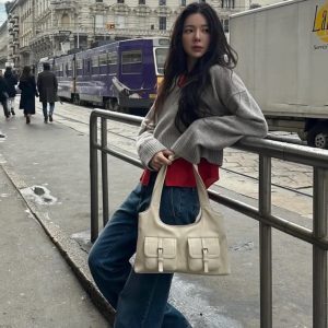 2025 Korean Style Versatile Shoulder Crossbody Tote Bag with Pocket - Fashionable Commuter Handbag for Women
