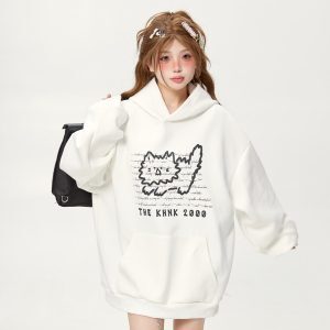 2025 Oversized White Hoodie for Women - Korean Style Lazy Fashion Sweatshirt for Spring & Autumn Couples