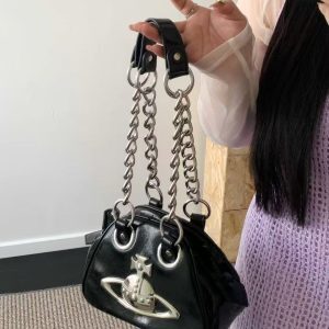 2025 Popular Japanese & Korean Fashion Thick Chain Underarm Bag - Versatile Women's Bowling Bag in Trendy Spaceship Design