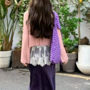 2025 Purple Polka Dot Floral Canvas Tote Bag for Women, Knotted Shoulder Strap, Large Capacity Commuter Crossbody Bag