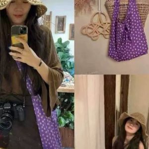 2025 Purple Polka Dot Floral Canvas Tote Bag for Women, Knotted Shoulder Strap, Large Capacity Commuter Crossbody Bag