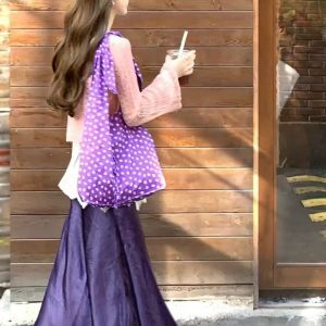 2025 Purple Polka Dot Floral Canvas Tote Bag for Women, Knotted Shoulder Strap, Large Capacity Commuter Crossbody Bag