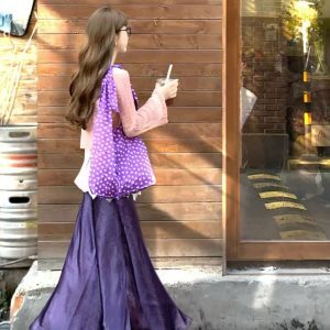 2025 Purple Polka Dot Floral Canvas Tote Bag for Women, Knotted Shoulder Strap, Large Capacity Commuter Crossbody Bag