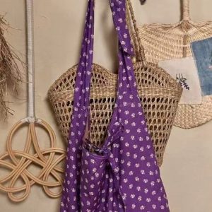 2025 Purple Polka Dot Floral Canvas Tote Bag for Women, Knotted Shoulder Strap, Large Capacity Commuter Crossbody Bag