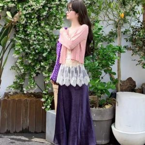 2025 Purple Polka Dot Floral Canvas Tote Bag for Women, Knotted Shoulder Strap, Large Capacity Commuter Crossbody Bag