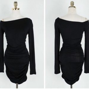 2025 Spring Korean Style Sexy Ruched Bodycon Mini Dress with Long Sleeves and Off-the-Shoulder Neckline