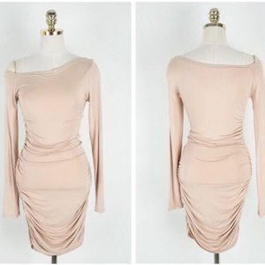 2025 Spring Korean Style Sexy Ruched Bodycon Mini Dress with Long Sleeves and Off-the-Shoulder Neckline