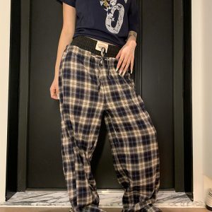 2025 Spring Vintage Patchwork Plaid Pants for Men and Women - Loose Casual Straight Leg Trousers, Retro American Style