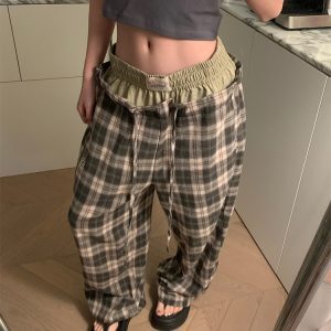 2025 Spring Vintage Patchwork Plaid Pants for Men and Women - Loose Casual Straight Leg Trousers, Retro American Style