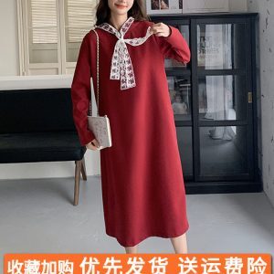 2025 Spring Women's Long Dress - Loose Slimming Design with Red Bow - Stylish Sweatshirt for New Year Outfit