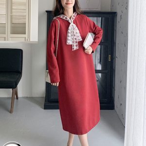 2025 Spring Women's Long Dress - Loose Slimming Design with Red Bow - Stylish Sweatshirt for New Year Outfit