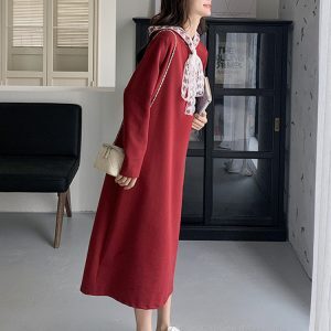2025 Spring Women's Long Dress - Loose Slimming Design with Red Bow - Stylish Sweatshirt for New Year Outfit