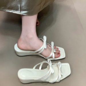 2025 Summer Bow Wedge Sandals - French Square Toe Fairy Style Slide Sandals for Trendy Summer Fashion