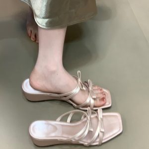 2025 Summer Bow Wedge Sandals - French Square Toe Fairy Style Slide Sandals for Trendy Summer Fashion