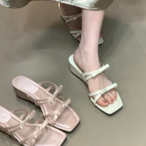 2025 Summer Bow Wedge Sandals - French Square Toe Fairy Style Slide Sandals for Trendy Summer Fashion
