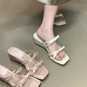 2025 Summer Bow Wedge Sandals - French Square Toe Fairy Style Slide Sandals for Trendy Summer Fashion