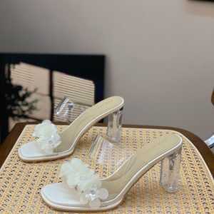 2025 Summer Floral Crystal Transparent High-Heeled Sandals for Women - Stylish Square Toe Versatile Slide Design
