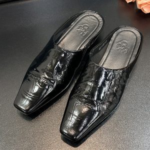2025 Summer Genuine Leather Low-Heeled Open-Toe Slippers for Women - European Square-Toe British Style Slip-On Shoes