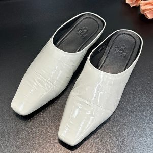 2025 Summer Genuine Leather Low-Heeled Open-Toe Slippers for Women - European Square-Toe British Style Slip-On Shoes