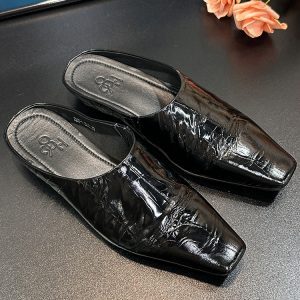 2025 Summer Genuine Leather Low-Heeled Open-Toe Slippers for Women - European Square-Toe British Style Slip-On Shoes