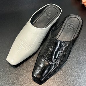 2025 Summer Genuine Leather Low-Heeled Open-Toe Slippers for Women - European Square-Toe British Style Slip-On Shoes
