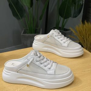 2025 Summer Korean Style Genuine Leather Closed-Toe Mesh Slip-On Backless Platform Sandals for Women
