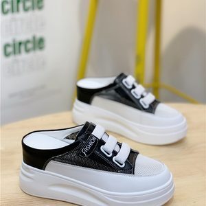 2025 Summer Korean Style Genuine Leather Closed-Toe Mesh Slip-On Backless Platform Sandals for Women