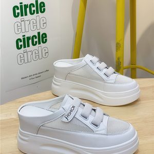 2025 Summer Korean Style Genuine Leather Closed-Toe Mesh Slip-On Backless Platform Sandals for Women